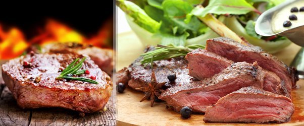 Masová nálož vepřových a kuřecích steaků s přílohami a omáčkou v restauraci Ekvádor